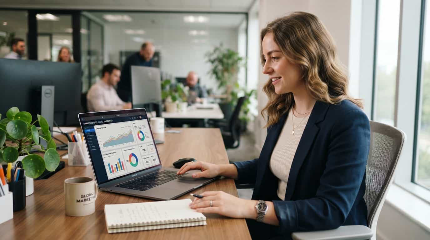 A woman in a blazer analyzes data charts on her laptop in a modern office setting